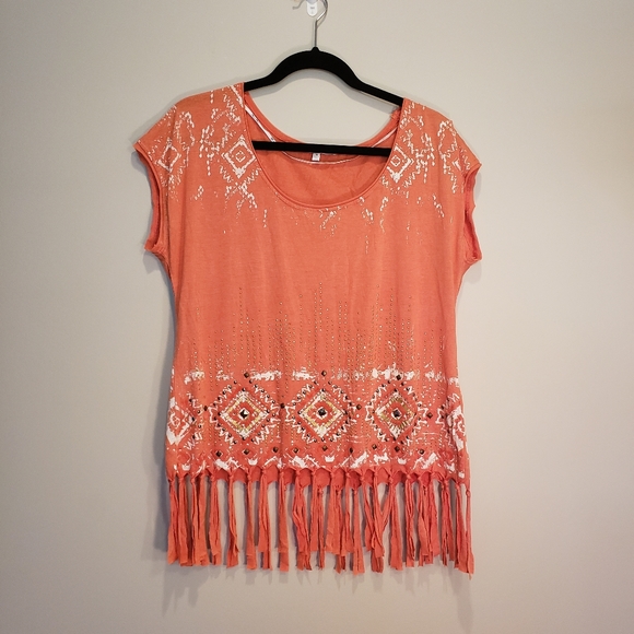 Miss Me Tops - Miss Me Boho fringe top with beads Size Medium